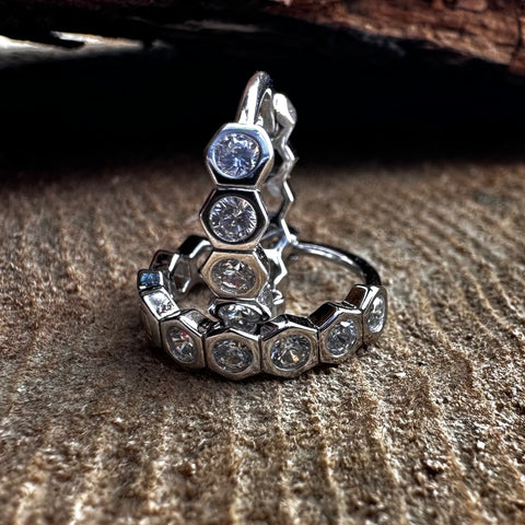 Sterling Silver with rhodium hexagon shape earrings with cubic zirconia 3x15mm outer diameter