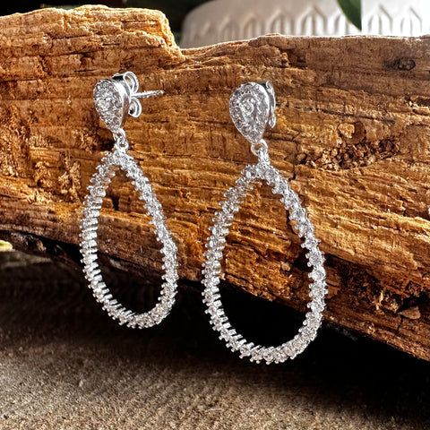 Sterling Silver with rhodium cubic zirconia stud earrings 30 x 19 mm