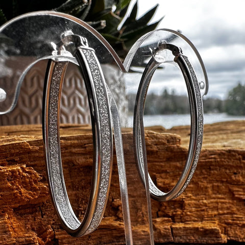 3 Rhodium plated on Sterling Silver Oval shape hoop earrings with stardust finish 38mm 22mmX3mm