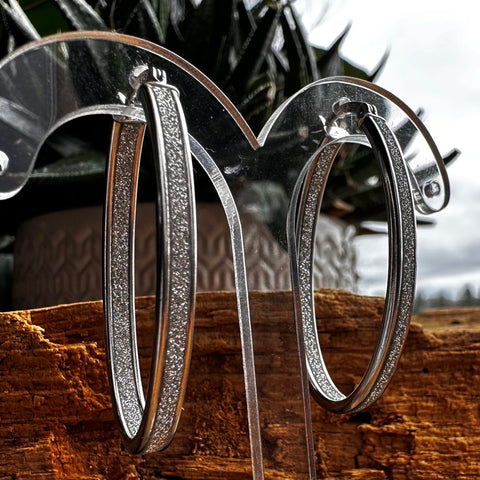 4 Rhodium plated on Sterling Silver Oval shape hoop earrings with stardust finish 38mm 22mmX3mm