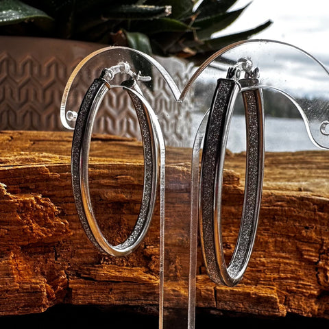 5 Rhodium plated on Sterling Silver Oval shape hoop earrings with stardust finish 38mm 22mmX3mm