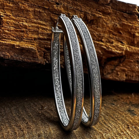 Rhodium plated on Sterling Silver Oval shape hoop earrings with stardust finish 38mm 22mmX3mm