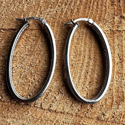 6 Rhodium plated on Sterling Silver Oval shape hoop earrings with stardust finish 38mm 22mmX3mm