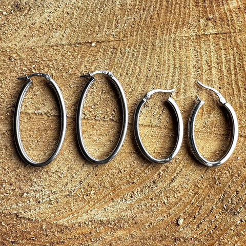 7 Rhodium plated on Sterling Silver Oval shape hoop earrings with stardust finish 38mm 22mmX3mm