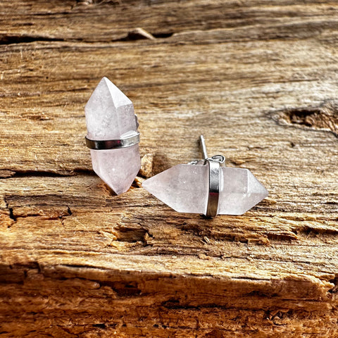 Sterling Silver with rhodium 14 x 5 mm rose quartz stud earrings