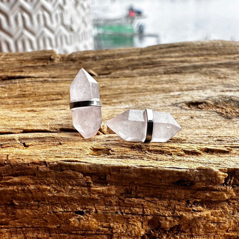 2 Sterling Silver with rhodium 14 x 5 mm rose quartz stud earrings