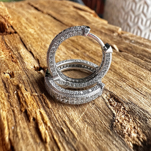 Sterling Silver with rhodium cubic zirconia hoops 13x3.5mm  diameter