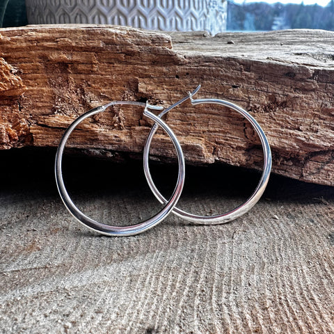 5 Sterling Silver shiny smooth plain hoop earrings clasp closing 40mm