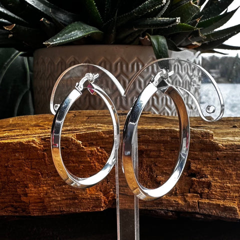 2 Sterling Silver smooth 4 sided round shape hoop with a clip 36mm 