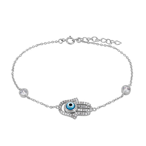 1 Sterling silver with rhodium 12x16mm Hamsa bracelet with cubic zirconia 7″ + 1″ extension