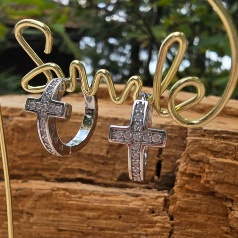 Sterling Silver Cross Hoop Earrings with Cubic Zirconia – 9x16mm Rhodium-Plated Hoops 11