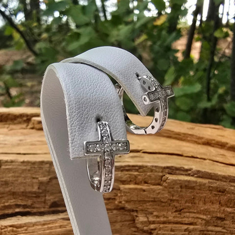 Sterling Silver Cross Hoop Earrings with Cubic Zirconia – 9x16mm Rhodium-Plated Hoops 12