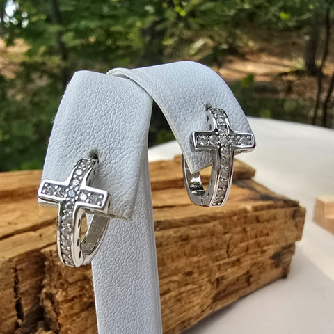 Sterling Silver Cross Hoop Earrings with Cubic Zirconia – 9x16mm Rhodium-Plated Hoops  3