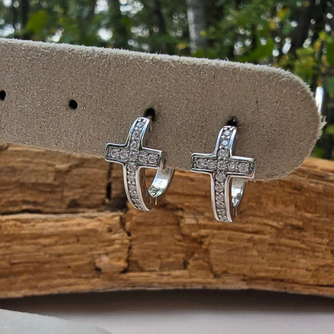 Sterling Silver Cross Hoop Earrings with Cubic Zirconia – 9x16mm Rhodium-Plated Hoops 4