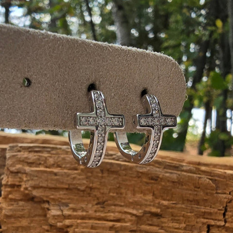 Sterling Silver Cross Hoop Earrings with Cubic Zirconia – 9x16mm Rhodium-Plated Hoops 5