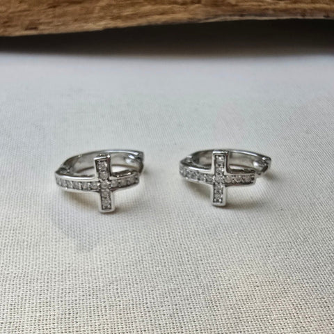 Sterling Silver Cross Hoop Earrings with Cubic Zirconia – 9x16mm Rhodium-Plated Hoops 8