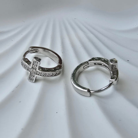 Sterling Silver Cross Hoop Earrings with Cubic Zirconia – 9x16mm Rhodium-Plated Hoops 9
