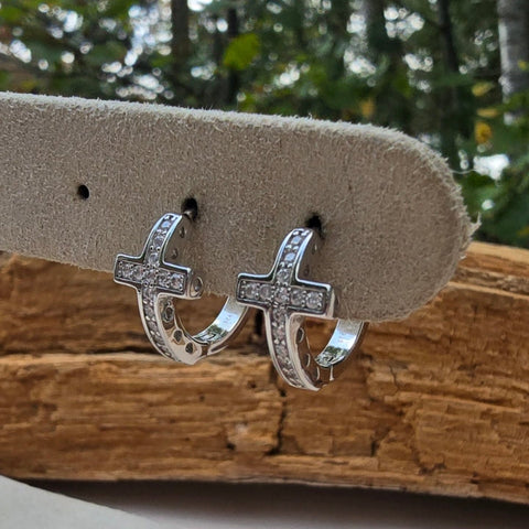 Sterling Silver Cross Hoop Earrings with Cubic Zirconia – 9x16mm Rhodium-Plated Hoops  2