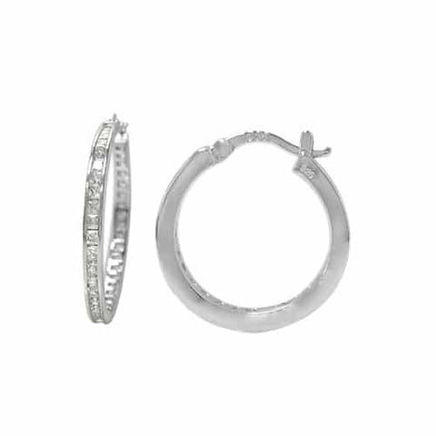Hoop Sterling Silver - Huggies Earrings with CZ 3x14mm