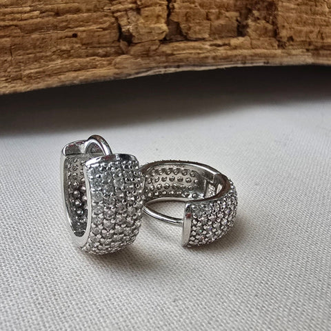 Earrings Hoop Sterling Silver Pave Wide Zirconia 6x15mm
