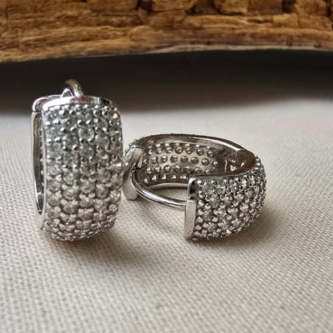 Earrings Hoop Sterling Silver Pave Wide Zirconia 6x15mm