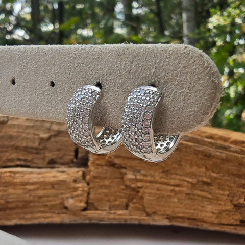 Earrings Hoop Sterling Silver Pave Wide Zirconia 6x15mm