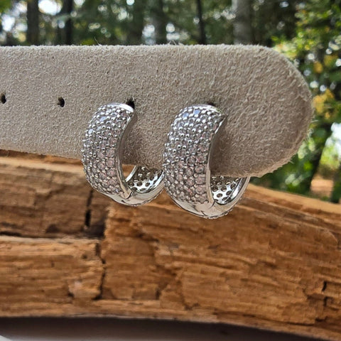 Earrings Hoop Sterling Silver Pave Wide Zirconia 6x15mm