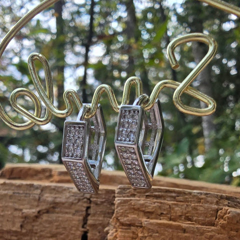 Sterling Silver with rhodium 14x16mm diamond shape hoop earrings with cubic zirconia triangle shape 10