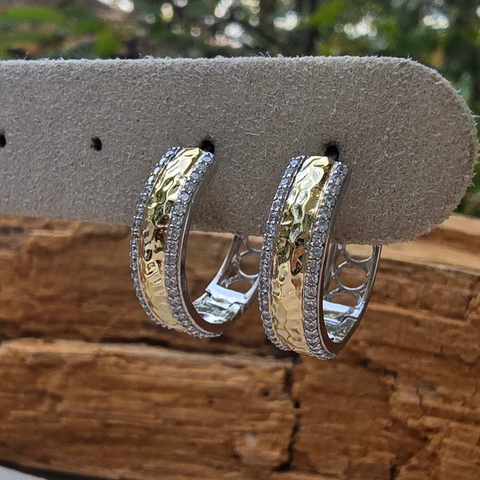 Sterling Silver 2 tone round hoop earrings with cubic zirconia 5x20mm outer diameter 3