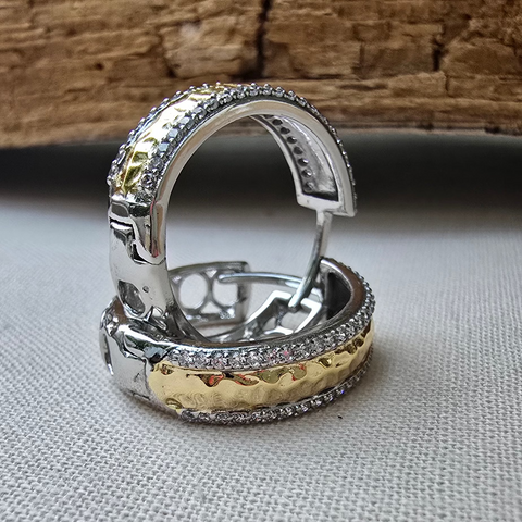 Sterling Silver 2 tone round hoop earrings with cubic zirconia 5x20mm outer diameter 5