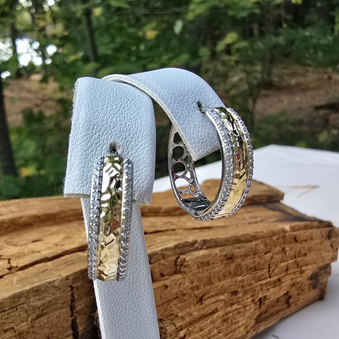 Sterling Silver 2 tone round hoop earrings with cubic zirconia 5x20mm outer diameter 6