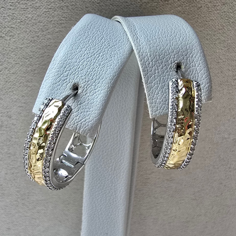 Sterling Silver 2 tone round hoop earrings with cubic zirconia 5x20mm outer diameter 7