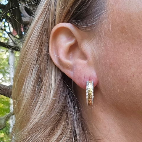 Sterling Silver 2 tone round hoop earrings with cubic zirconia 5x20mm outer diameter 9