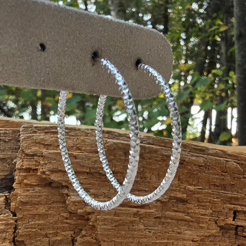 Sterling Silver Hoop Diamond cut sparkly Medium thin size  7