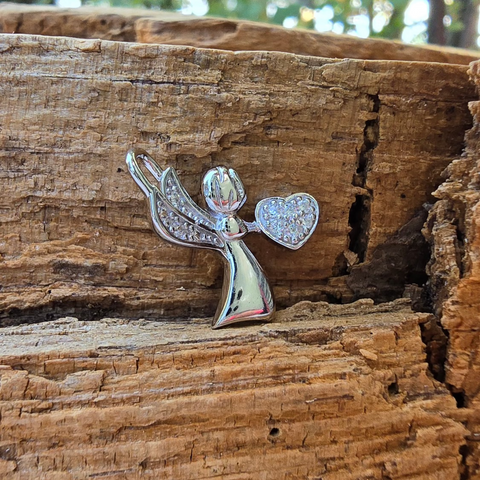 Rhodium plated on Sterling Silver, fancy Angel shape stone pendant. Approx pendant size: 20mm L x 16mm W 2