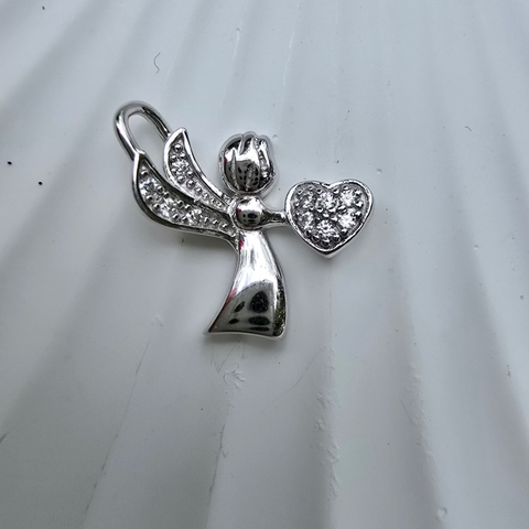 Rhodium plated on Sterling Silver, fancy Angel shape stone pendant. Approx pendant size: 20mm L x 16mm W 5