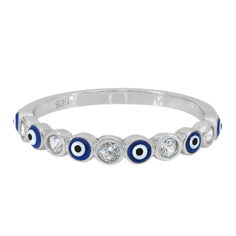  Sterling Silver with rhodium 3mm evil eye ring with cubic zirconia 9