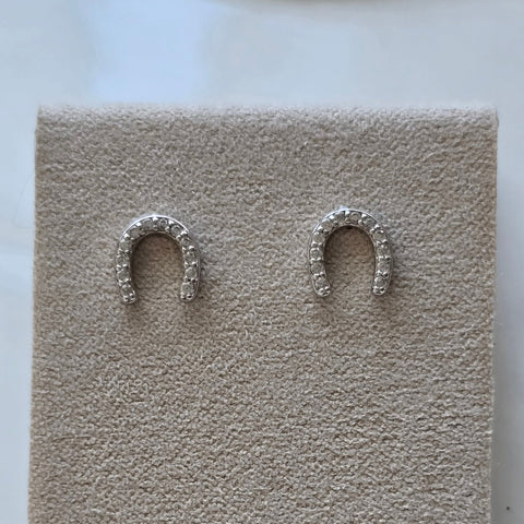 Sterling silver with rhodium, 6.5x7mm horseshoe stud earrings with cubic zirconia 12