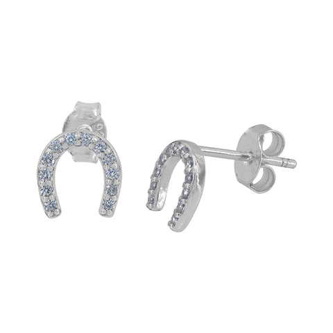 Sterling silver with rhodium, 6.5x7mm horseshoe stud earrings with cubic zirconia 1