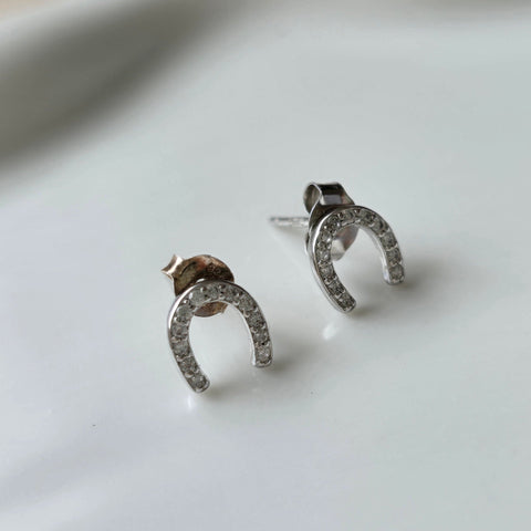 Sterling silver with rhodium, 6.5x7mm horseshoe stud earrings with cubic zirconia 2