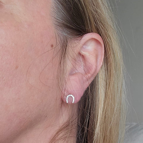 Sterling silver with rhodium, 6.5x7mm horseshoe stud earrings with cubic zirconia 4