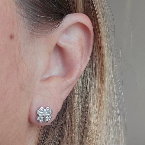 Rhodium plated on Sterling Silver four leaf clover shape stud earrings with faceted stones 3