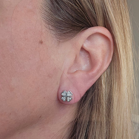 Rhodium plated on Sterling Silver four leaf clover shape stud earrings with faceted stones 4