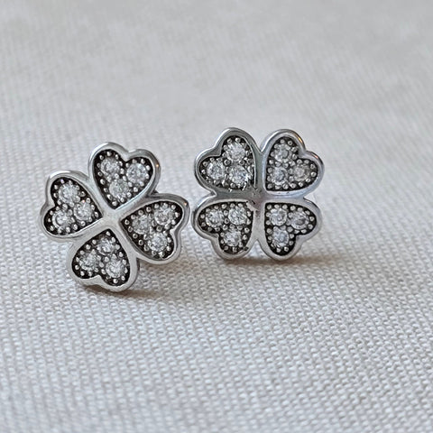 Rhodium plated on Sterling Silver four leaf clover shape stud earrings with faceted stones 5