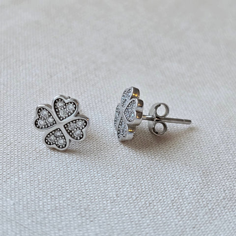 Rhodium plated on Sterling Silver four leaf clover shape stud earrings with faceted stones 6
