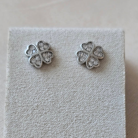 Rhodium plated on Sterling Silver four leaf clover shape stud earrings with faceted stones 8