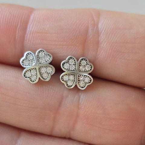 Rhodium plated on Sterling Silver four leaf clover shape stud earrings with faceted stones 9