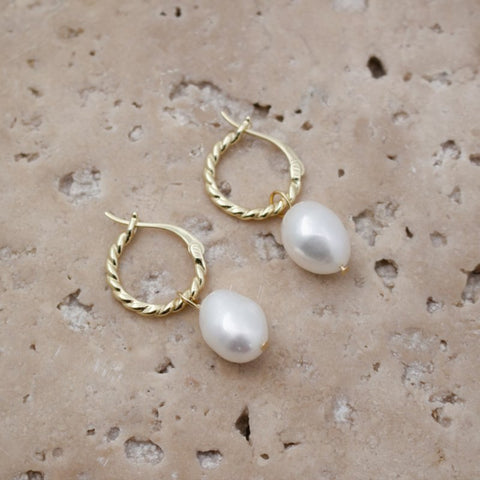 Dangling Pearl earrings twisted hoop Vermeil gold plated on sterling 
