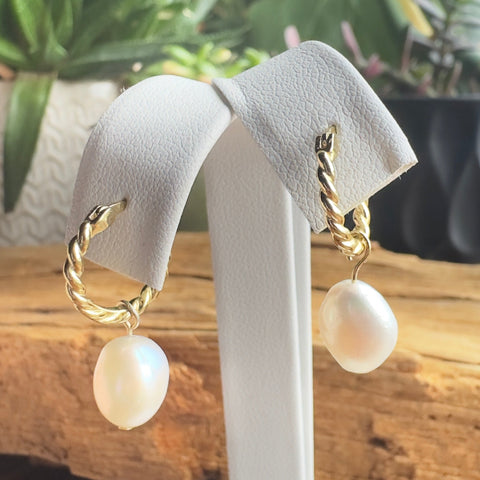 Dangling Pearl earrings twisted hoop Vermeil gold plated on sterling 