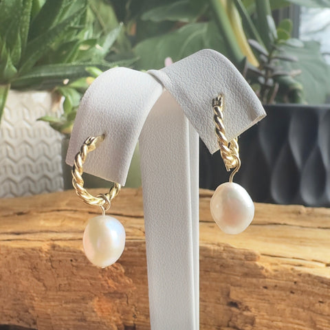 Dangling Pearl earrings twisted hoop Vermeil gold plated on sterling 